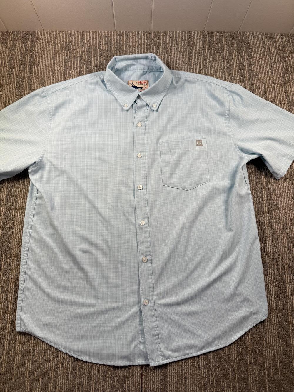 Huk Shirt Mens Large Blue Check Short Sleeve Button Down Casual Fishing Outdoor